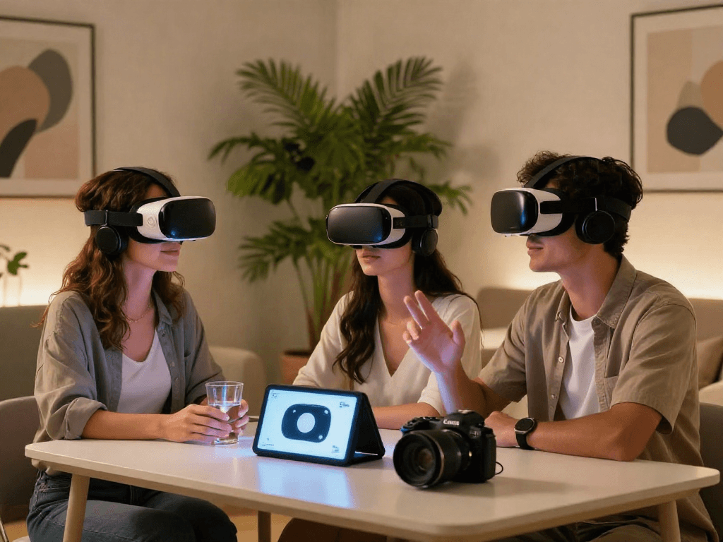 Engaged couple exploring ai sex experiences with VR technology in modern space.
