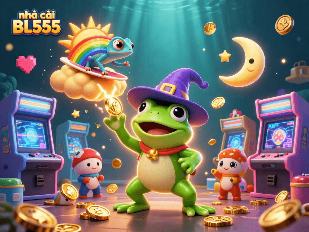 Spin to win at nhà cái BL555 with a magical 3D casino adventure featuring a wizard frog and rainbow chameleon.