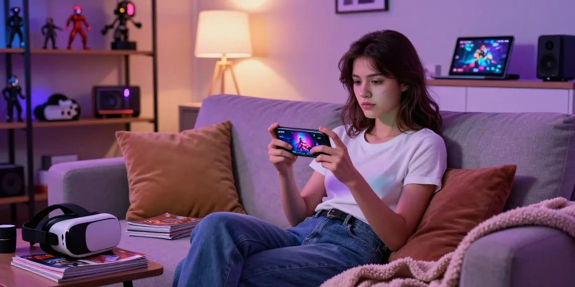 Engaged young woman enjoying mobile porn games on her smartphone in a cozy living room.
