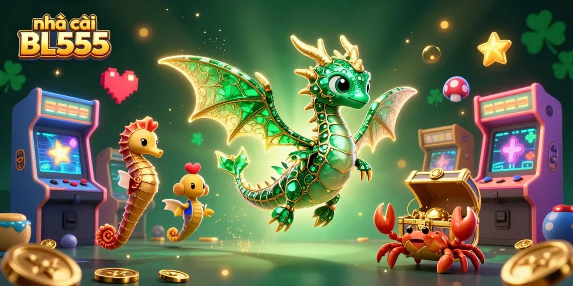 Engage with the vibrant scene featuring nhà cái BL555, showcasing enchanting dragon and seahorses amid colorful gaming elements.