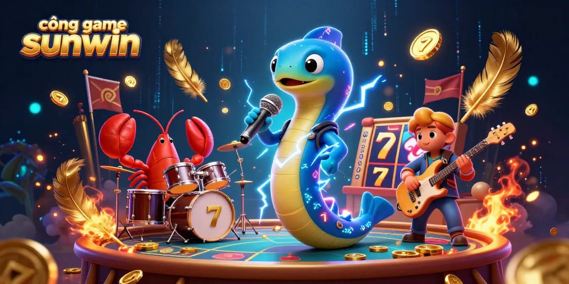 Engage in excitement at cổng game sunwin with a vibrant underwater casino featuring electric eel DJ and vibrant gaming elements.