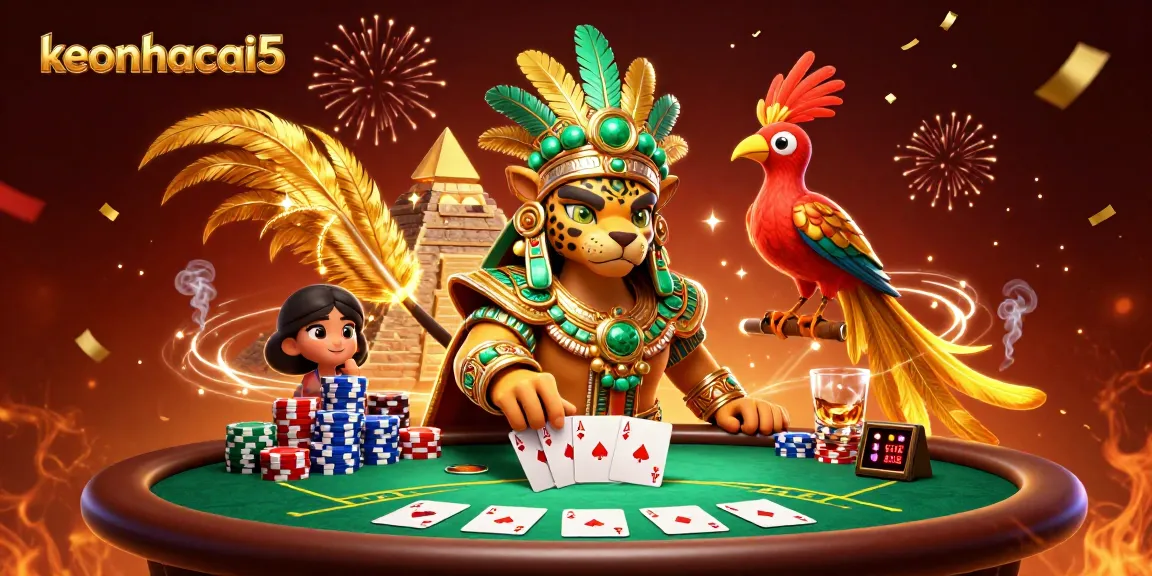 Experience the excitement of keonhacai5 with a vibrant 3D scene featuring a Mayan jaguar priest.