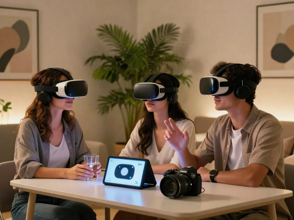 Engaged couple exploring ai sex experiences with VR technology in modern space.