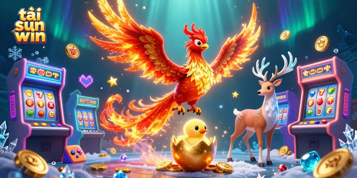 Engage with tập sun win and witness a vibrant casino scene featuring a fire phoenix, baby phoenix, and mystic stag.