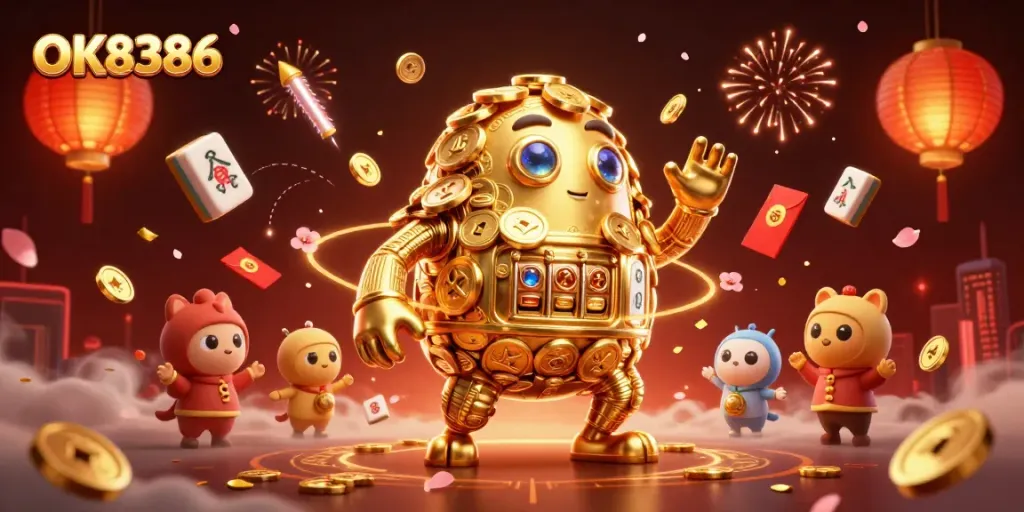 Engage in thrilling gameplay with OK8386, featuring a dynamic scene of winning symbols and golden treasures!