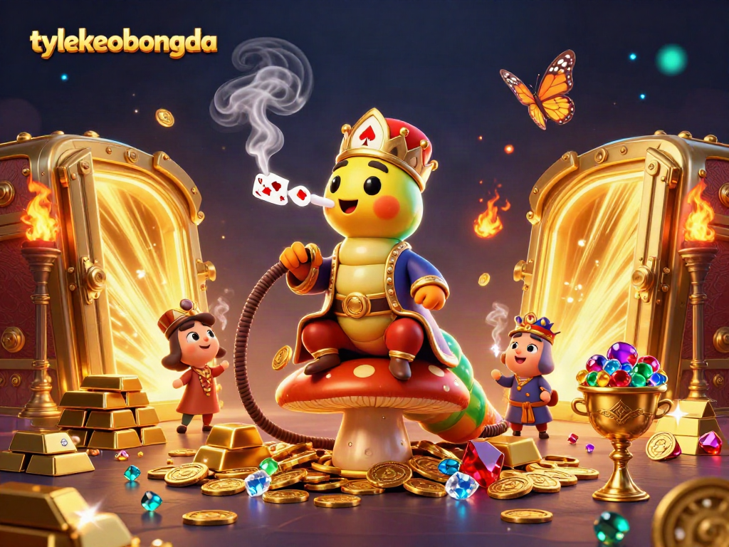 Experience the enchanting tylekeobongda world with a mystical caterpillar character amidst gold treasures and poker symbols.