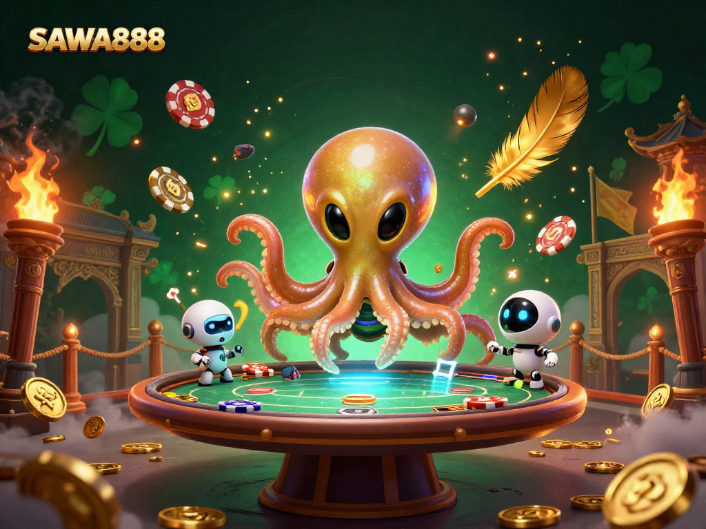 SAWA888's dynamic casino scene featuring an alien octopus playing poker with vibrant visual elements.