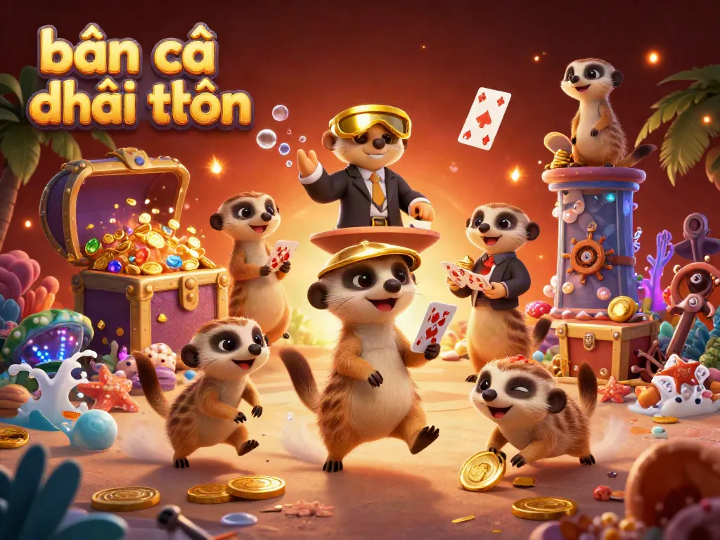 Bắn cá đổi thưởng scene with meerkats at a vibrant casino featuring underwater treasures and gaming elements.