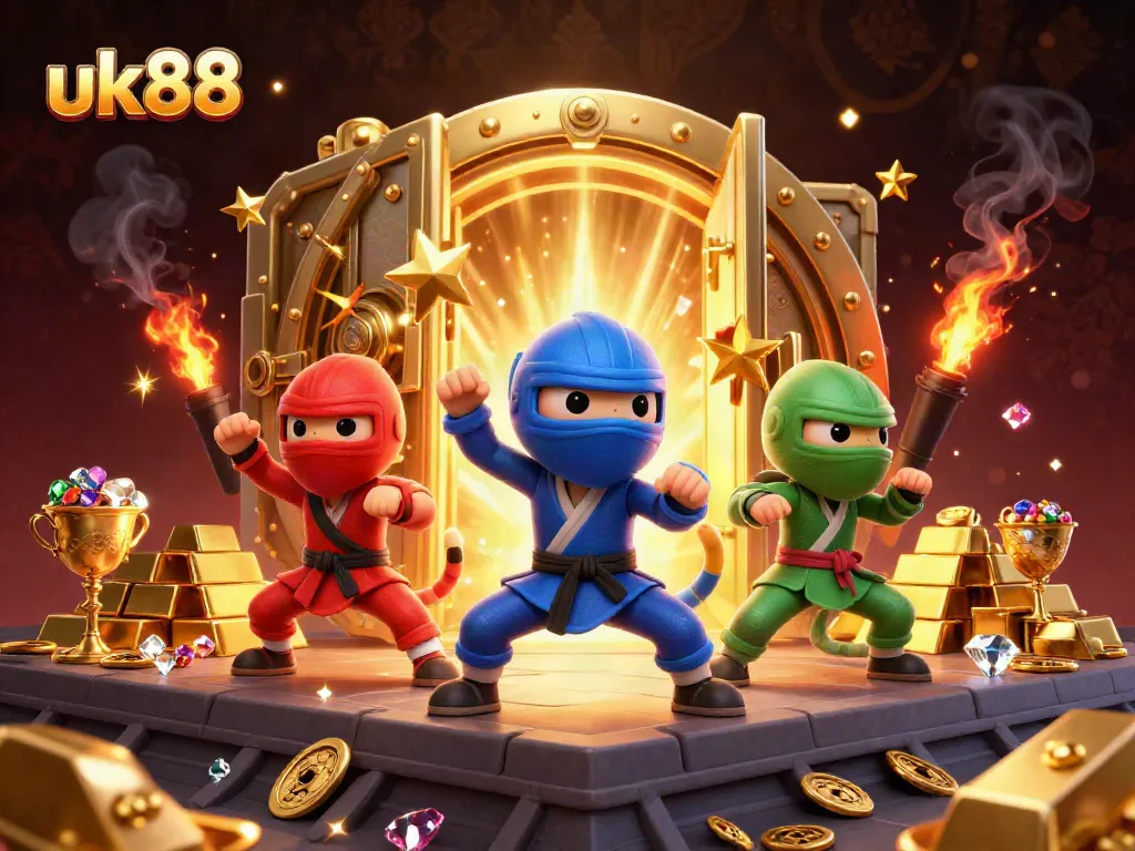 uk88 ninja chameleons showcase their skills amidst a golden casino treasure explosion.