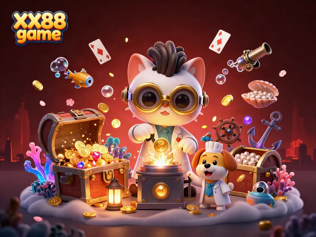 Play the exciting XX88 game with vivid characters and treasures in a dynamic casino environment.