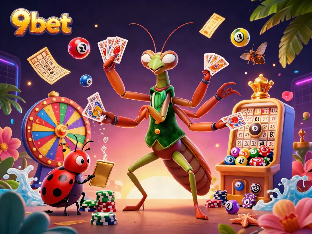 Join the action with 9bet, as the mantis dealer shuffles cards while colorful lottery balls bounce around.