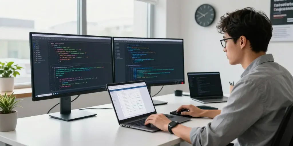 Developer using instant indexing tools in a modern office setting to enhance productivity.