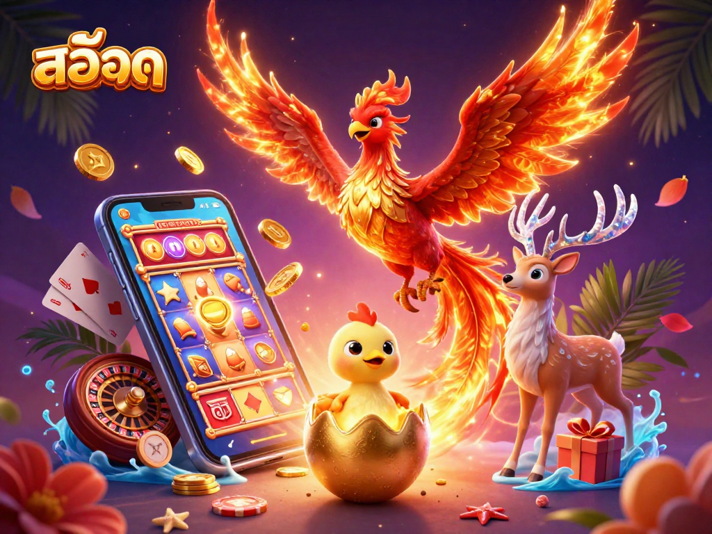 Experience the thrill of สล็อต with a fire phoenix soaring alongside casino elements in a vibrant 3D illustration.
