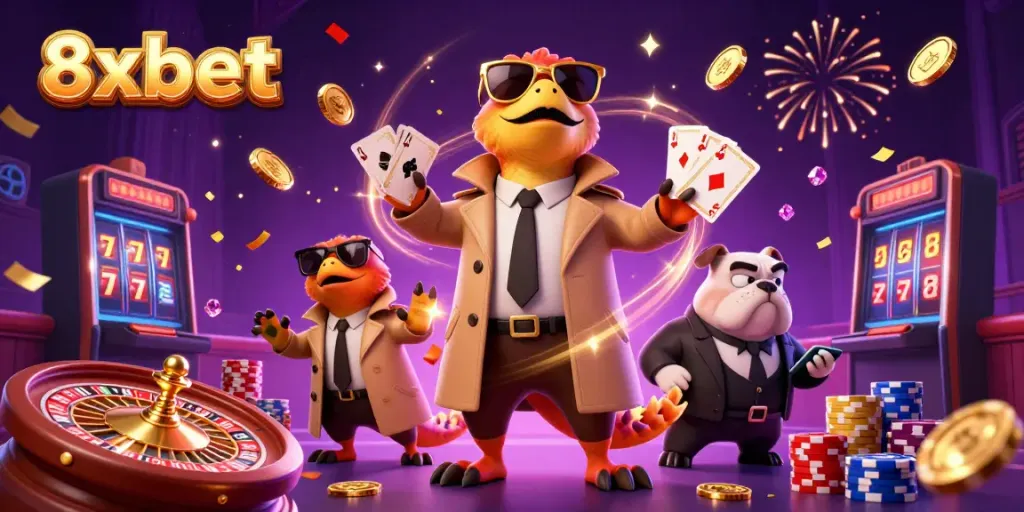 Engage with the vibrant and thrilling 8xbet casino scene with raptors, gold coins, and a bulldog bouncer.