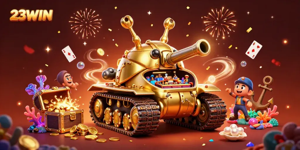 Experience the vibrant gaming world of 23WIN with a golden beetle tank revealing a miniature casino.