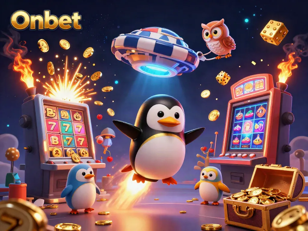 Experience Onbet's exciting gaming adventure with a cosmic golden penguin and bursting jackpot.