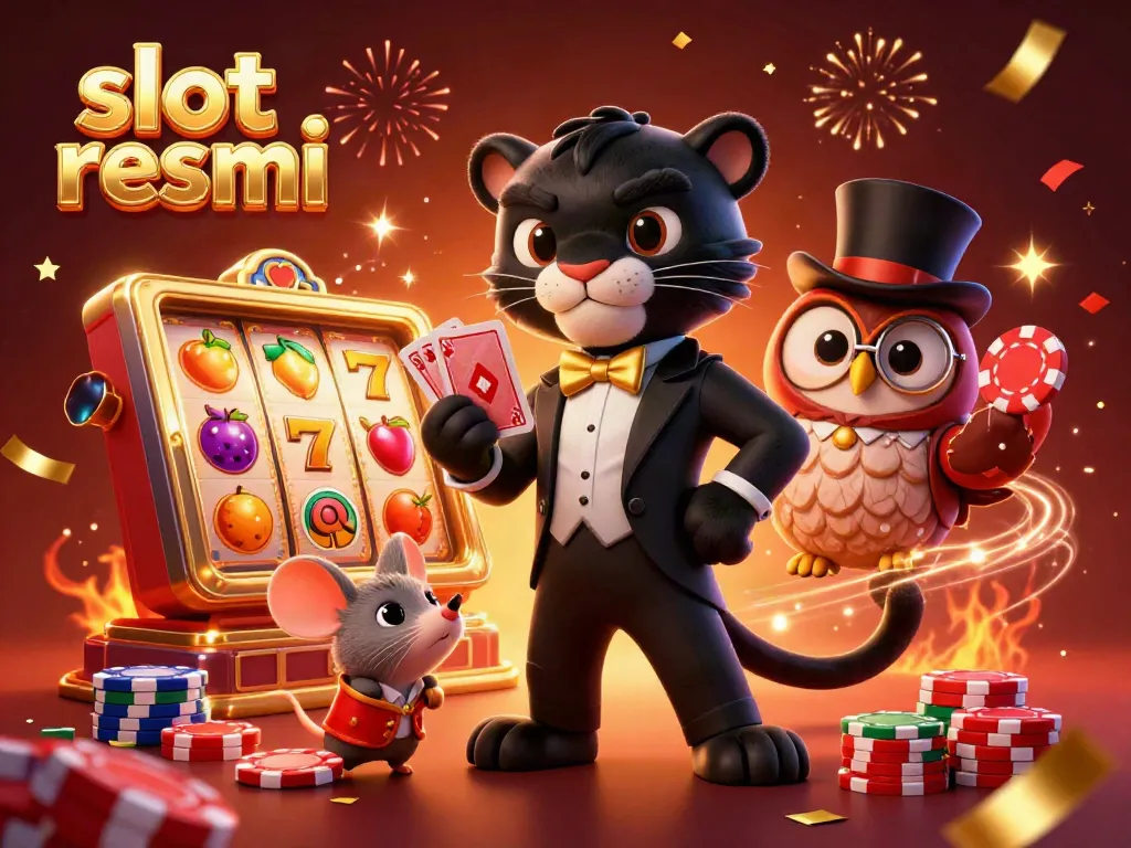 Experience the thrill of slot resmi with a vibrant 3D cartoon scene featuring poker chips, cards, and joyful casino elements.