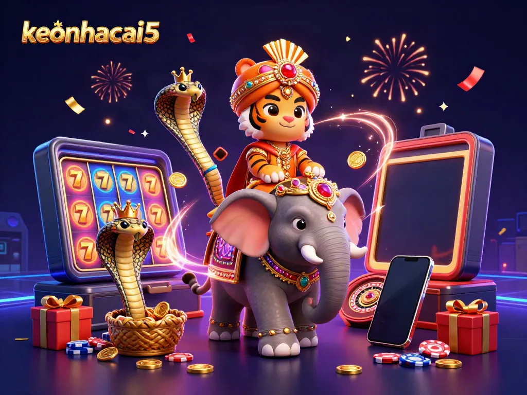 Enjoy the thrilling excitement of keonhacai5 with a vibrant scene showcasing colorful slot games, coins, and dynamic characters.