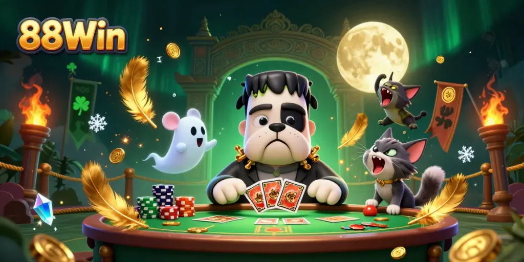 Play cards with 88Win's lively 3D characters at a haunted casino table, featuring unique elements.