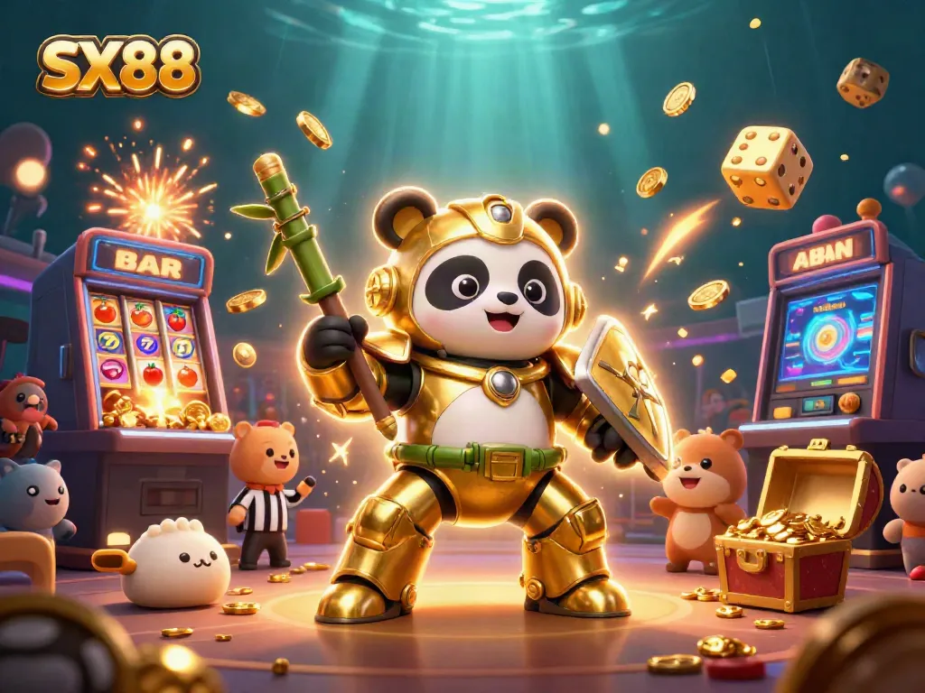 SX88 jackpot celebration featuring 3D panda and colorful casino scenes for exciting gaming action