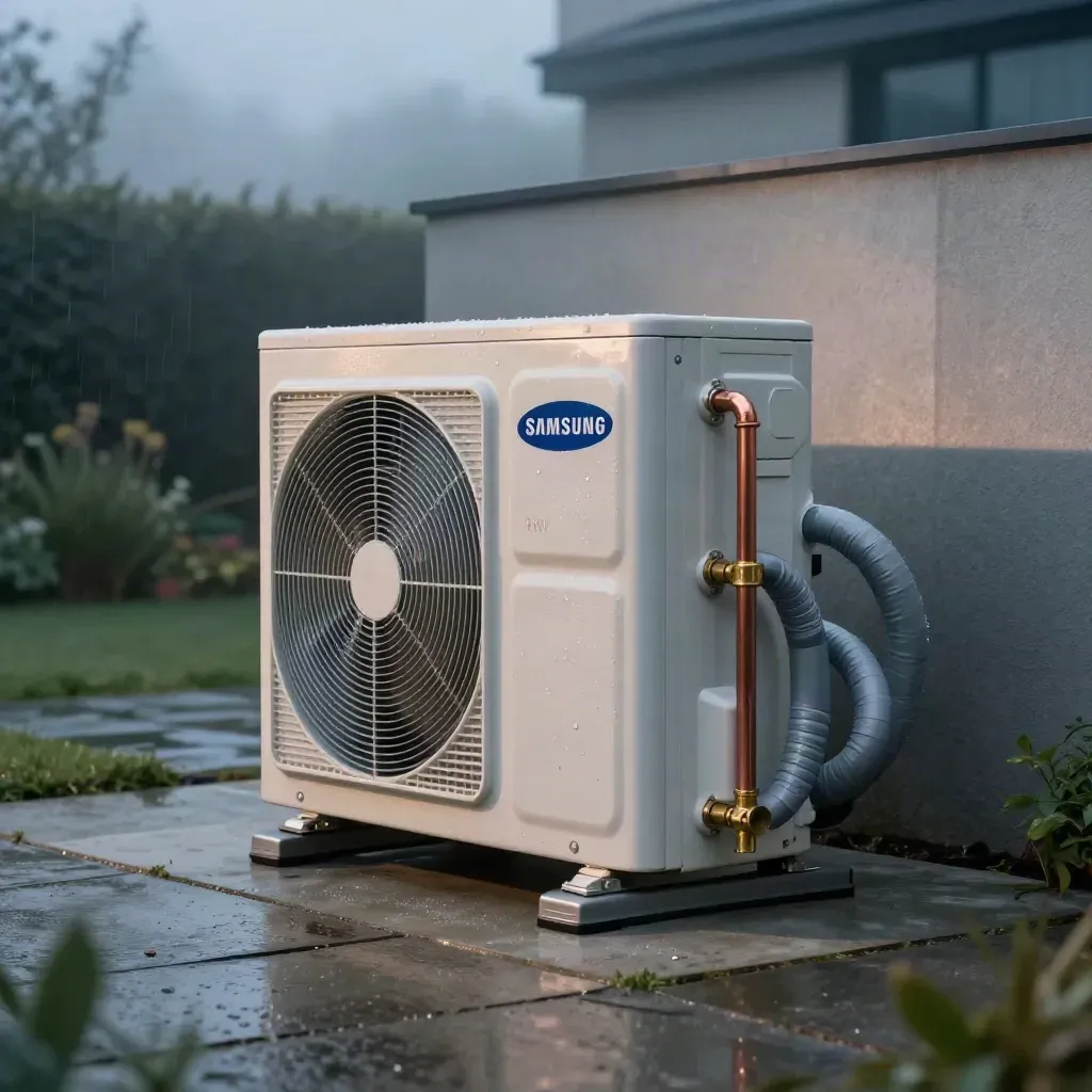 Off-white heat pump outdoor unit with copper pipes on wet concrete at blue hour, misty modern home