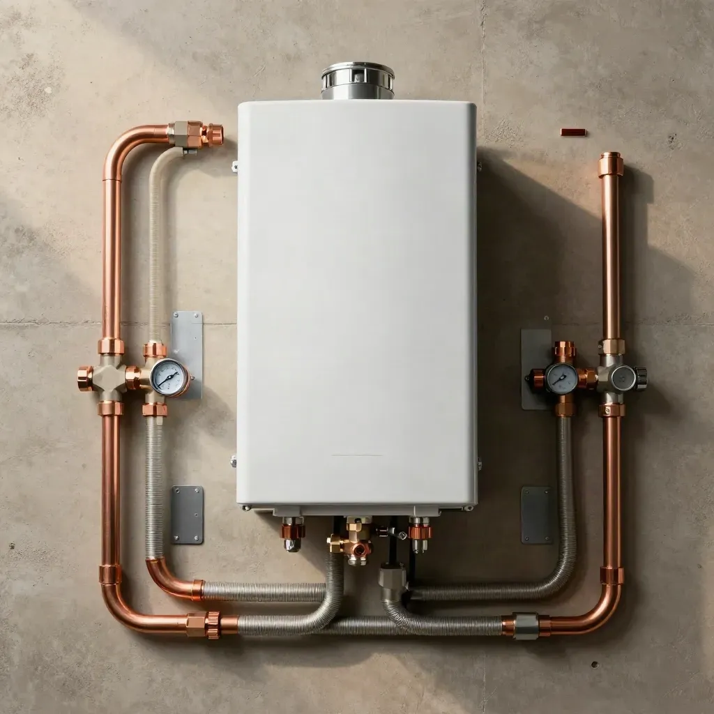 Overhead flatlay of a combi boiler with copper fittings and coiled pipework on concrete.