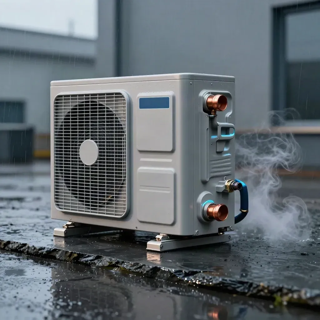 Heat pump unit with copper fittings on wet slate, lit by cool rim light and steam