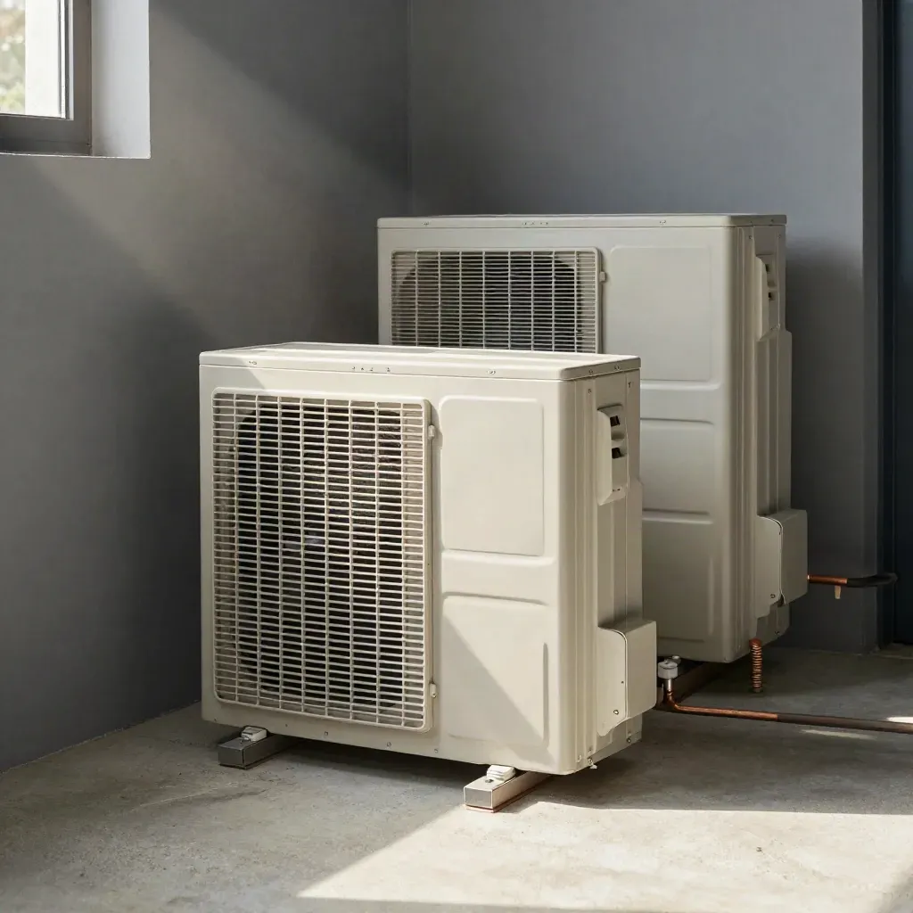 Split air conditioner condenser and cassette in a cool utility nook with soft daylight.