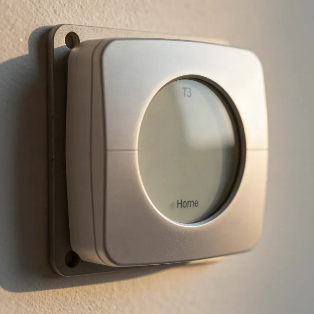 Macro of an unbranded thermostat face, baseplate and conduit with raking light on metal and plastic.