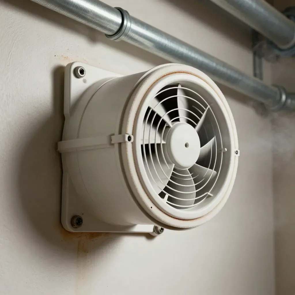 Extreme macro of a white HVAC extract fan grille, collar and trim ring in a humid utility room.