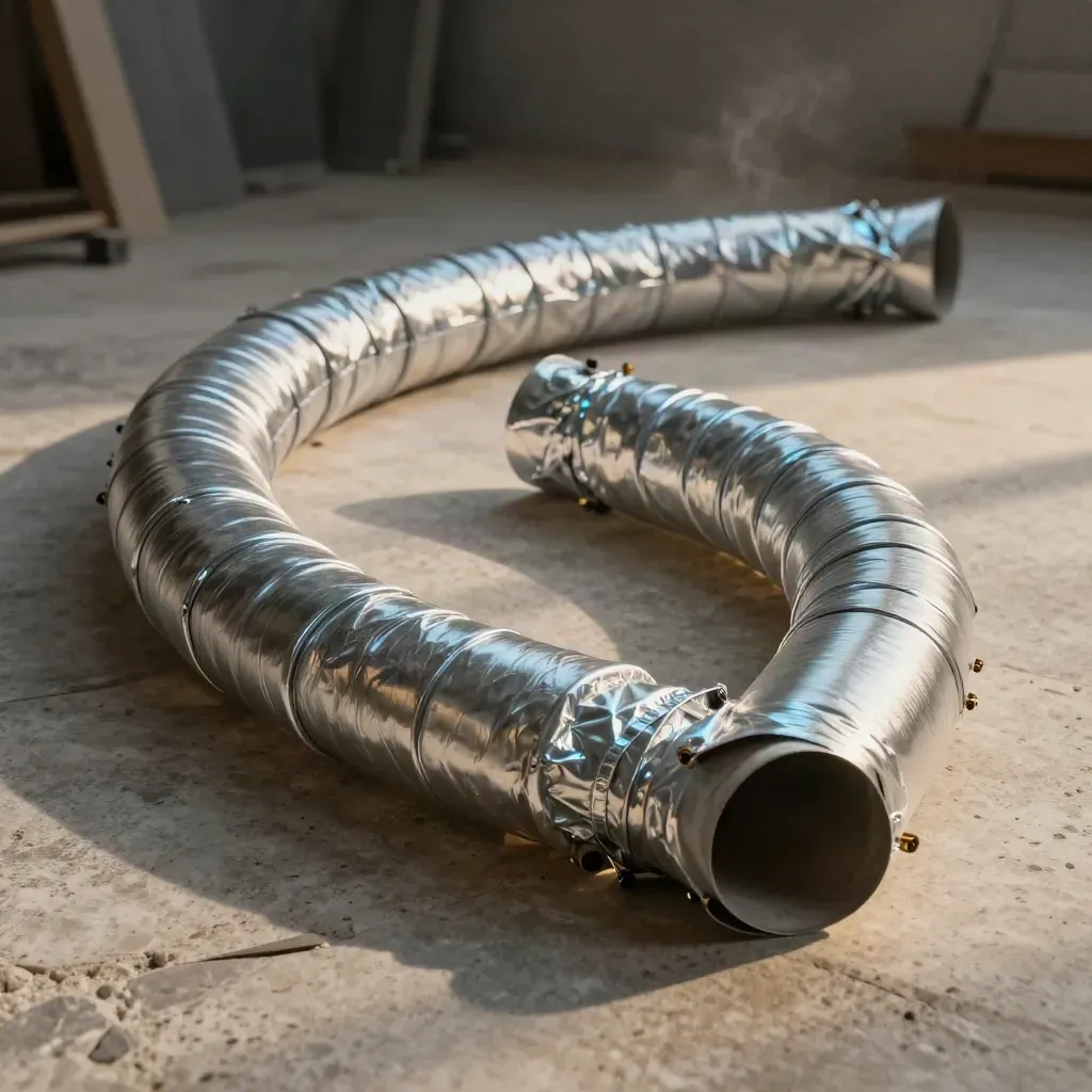 Insulated HVAC ducting kit snaking across rough stone in dramatic studio light.