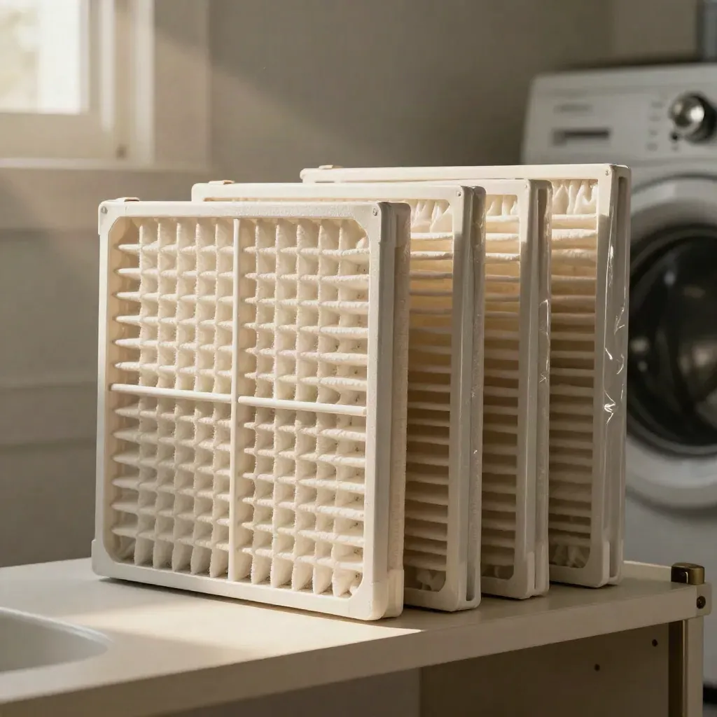 Edge-on HVAC filter pack with spare filters and sealed sleeves on a pale utility shelf.