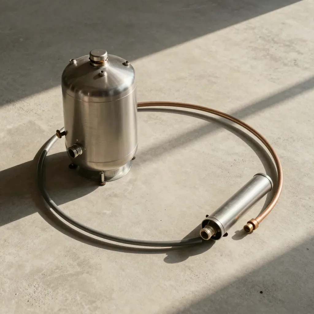 Overhead flatlay of a hot water cylinder kit with pipe parts on concrete