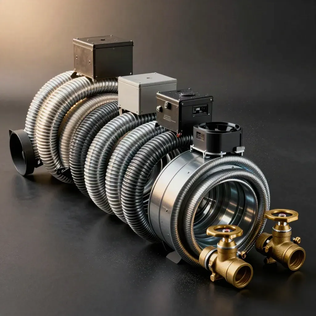 HVAC trade bundle of ducting, controls, fan housings and brass valves on a dark studio surface.
