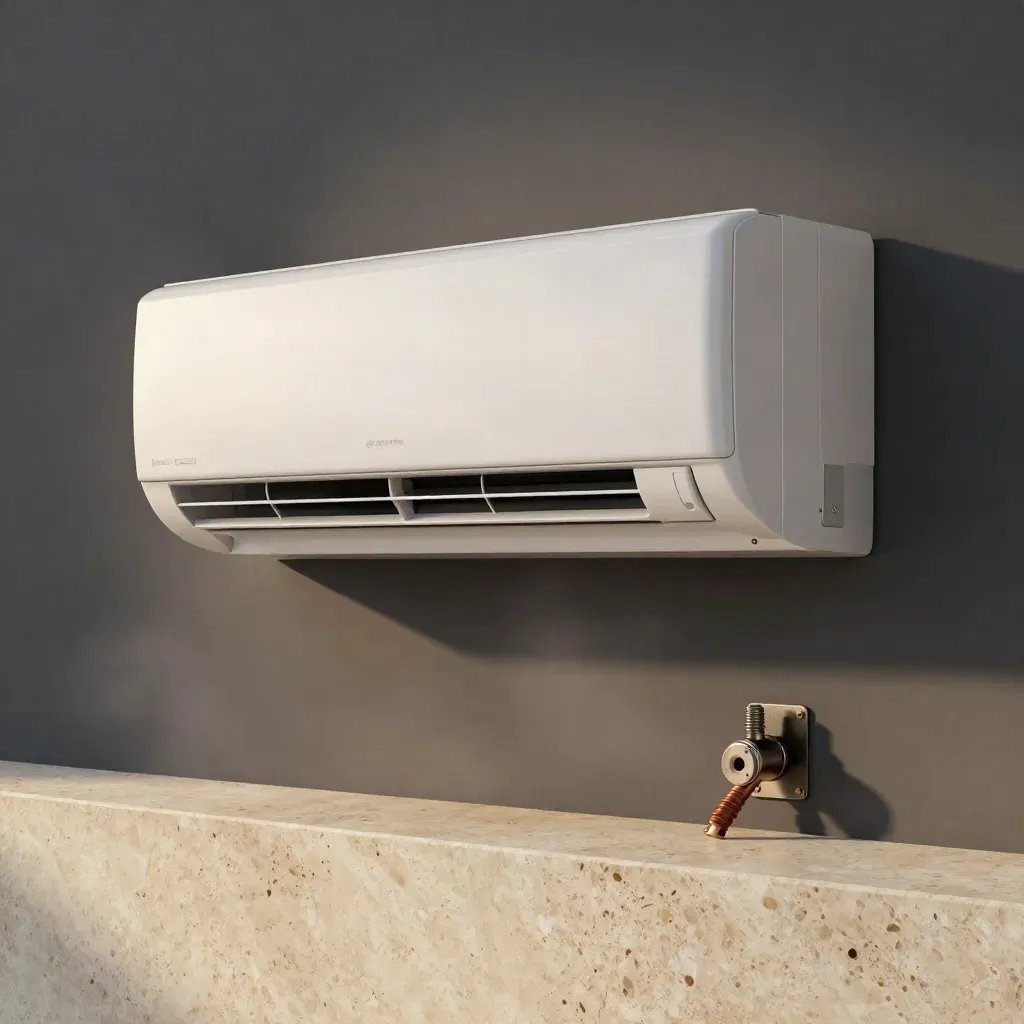 Matte-white wall AC unit on travertine with copper line and steel bracket in a moody studio setup.