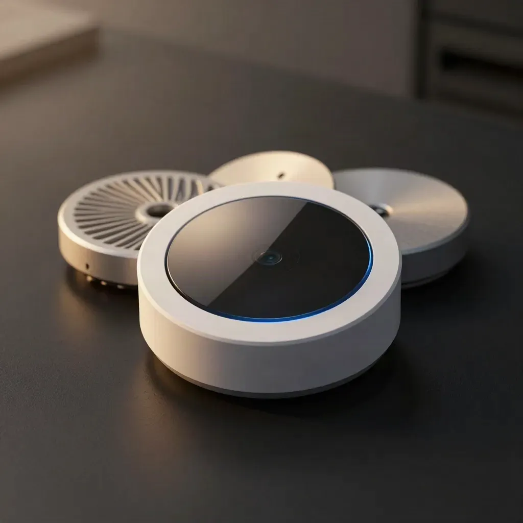 Circular smart thermostat parts on matte black with dramatic rim light and blue glow