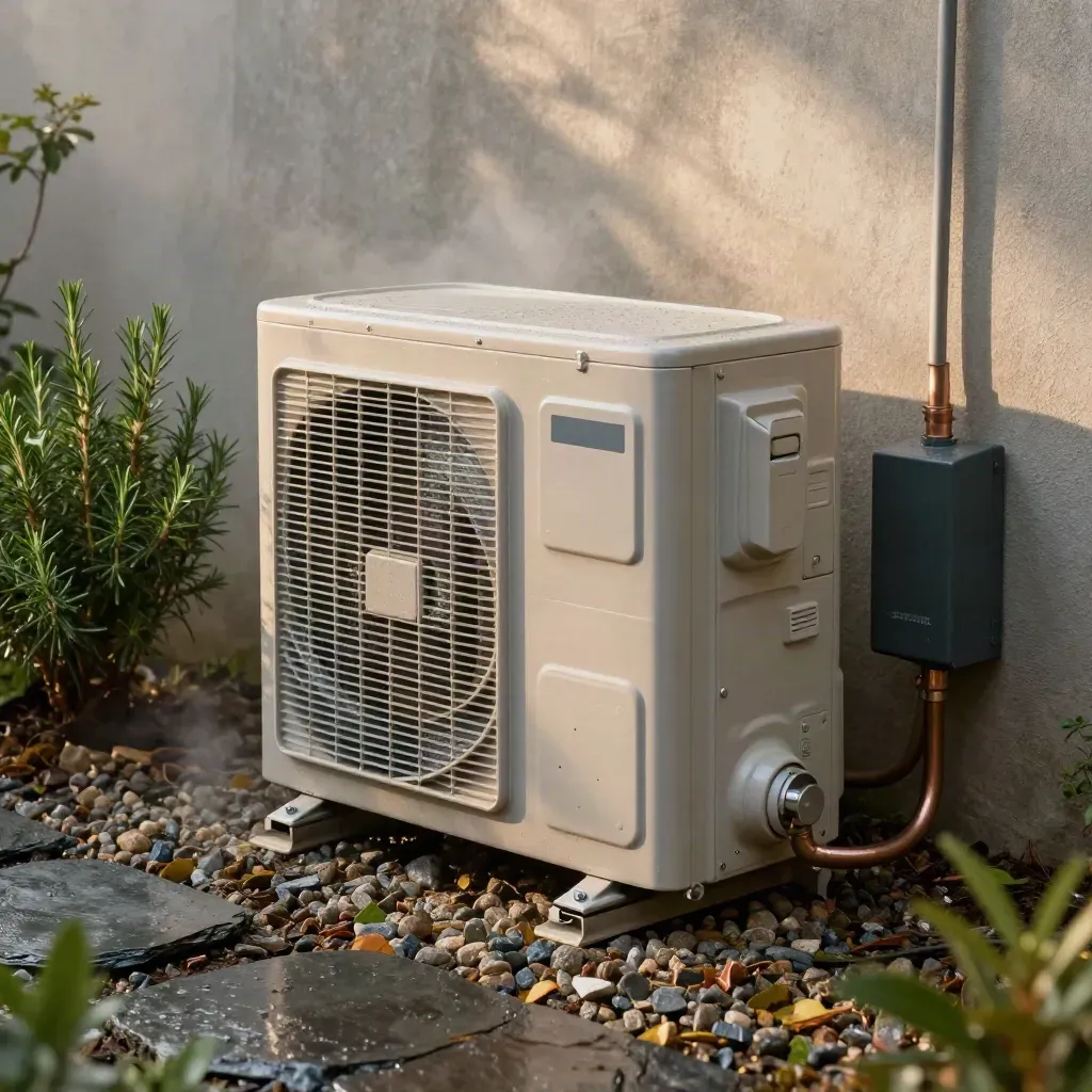 Heat pump outdoor unit by a damp garden wall with pipework and misty morning light.