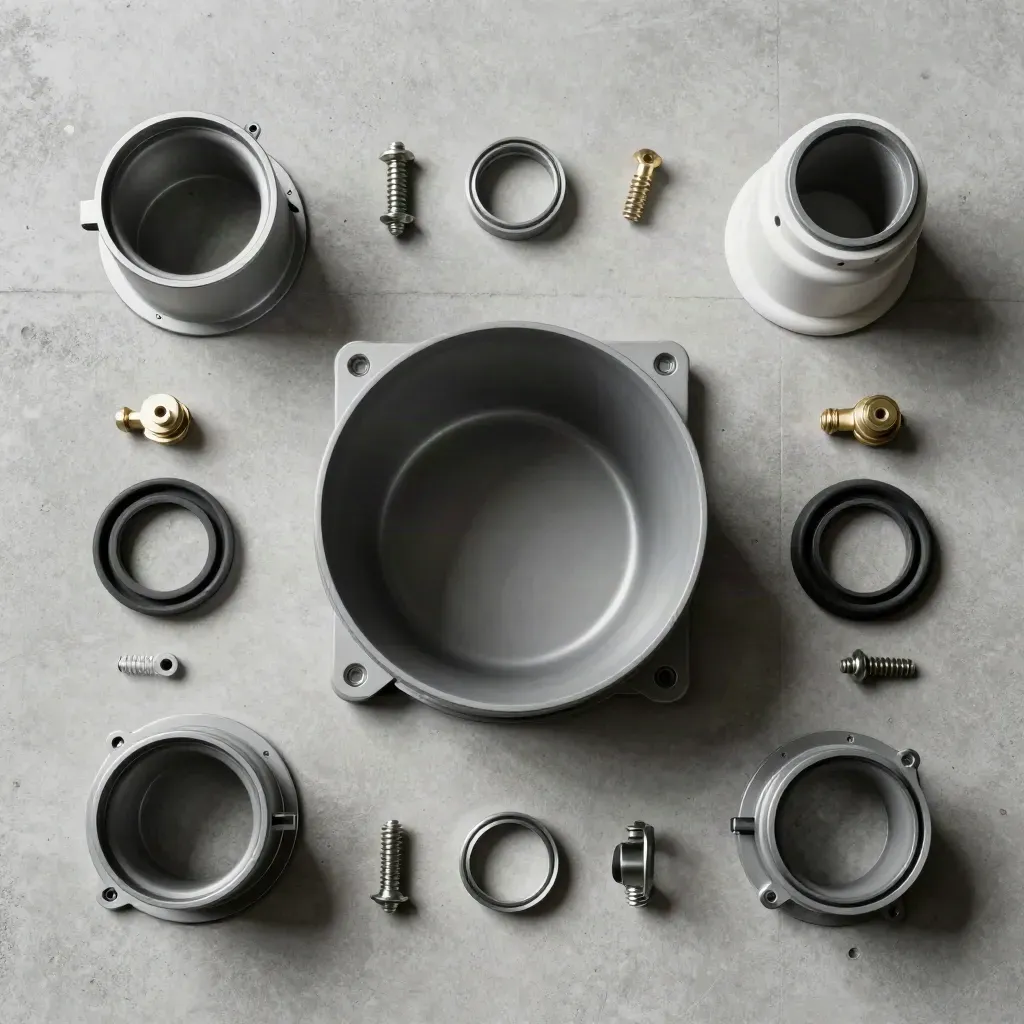 Overhead duct fan service kit with collar, coupler and fixings on concrete slab