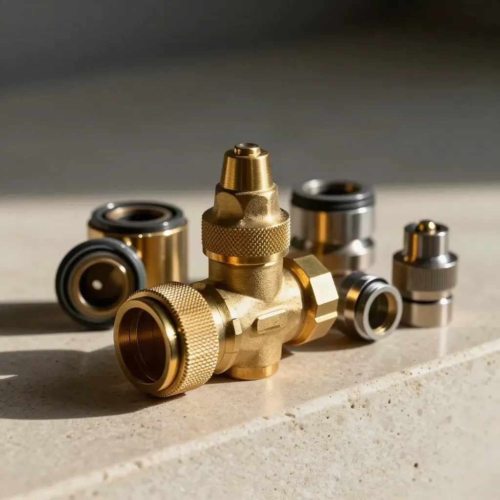 Brass boiler filter valve kit with fittings on a pale stone ledge, lit in macro detail.