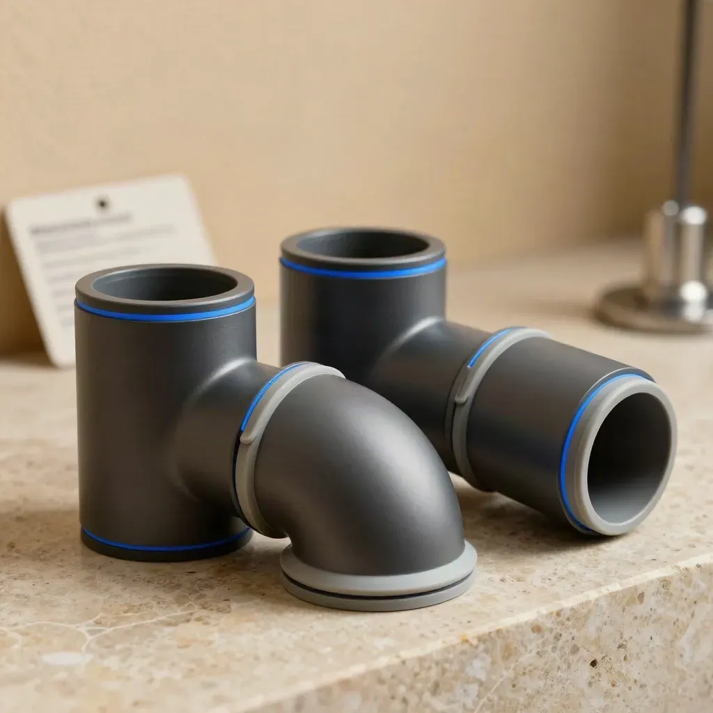 Diagonal stack of four matte ducting elbows on limestone with soft electric-blue edge light.