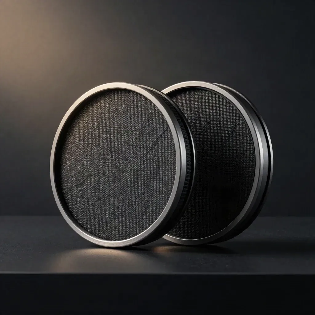 Two dark carbon filter inserts with spacer rings on a matte-black surface, dramatic studio lighting.