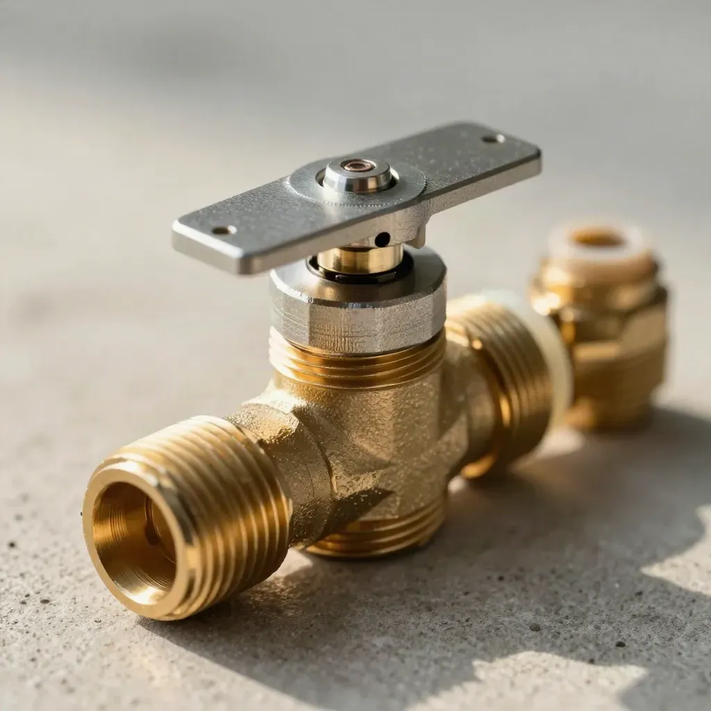 Brass smart zone valve kit with actuator, braided cable and fittings on pale concrete