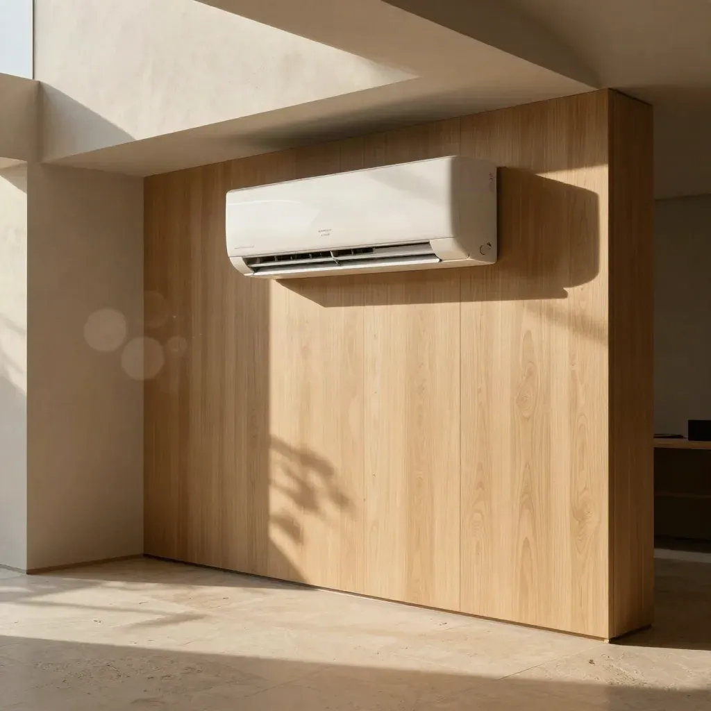 Sunlit HVAC showroom corner with wall AC unit, oak slats and limestone floor