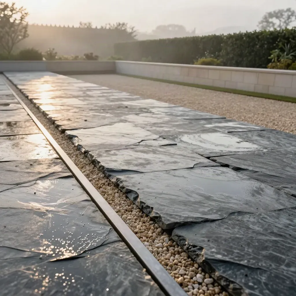 Rain-washed slate terrace with gravel edge, metal drain, and misty hedge under clearing sky.