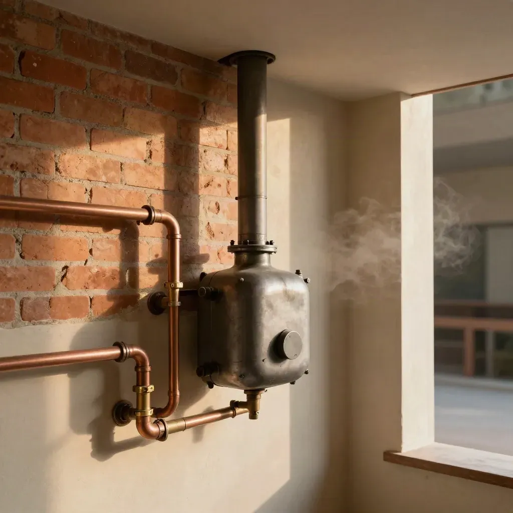 Boiler room alcove with copper pipes, brick, plaster and soft afternoon light.