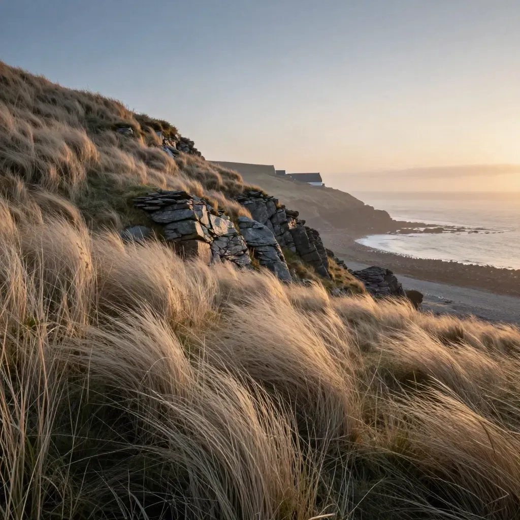 Windy coastal hillside with stone outcrop, distant roofline, sunset haze, and open grass for copy