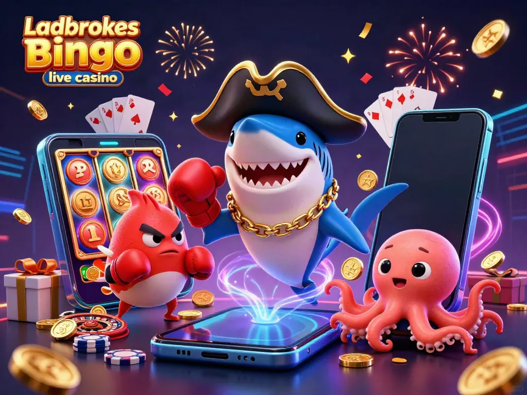 Experience the excitement of Ladbrokes Bingo live casino with lively characters and vibrant game elements in a festive setting.
