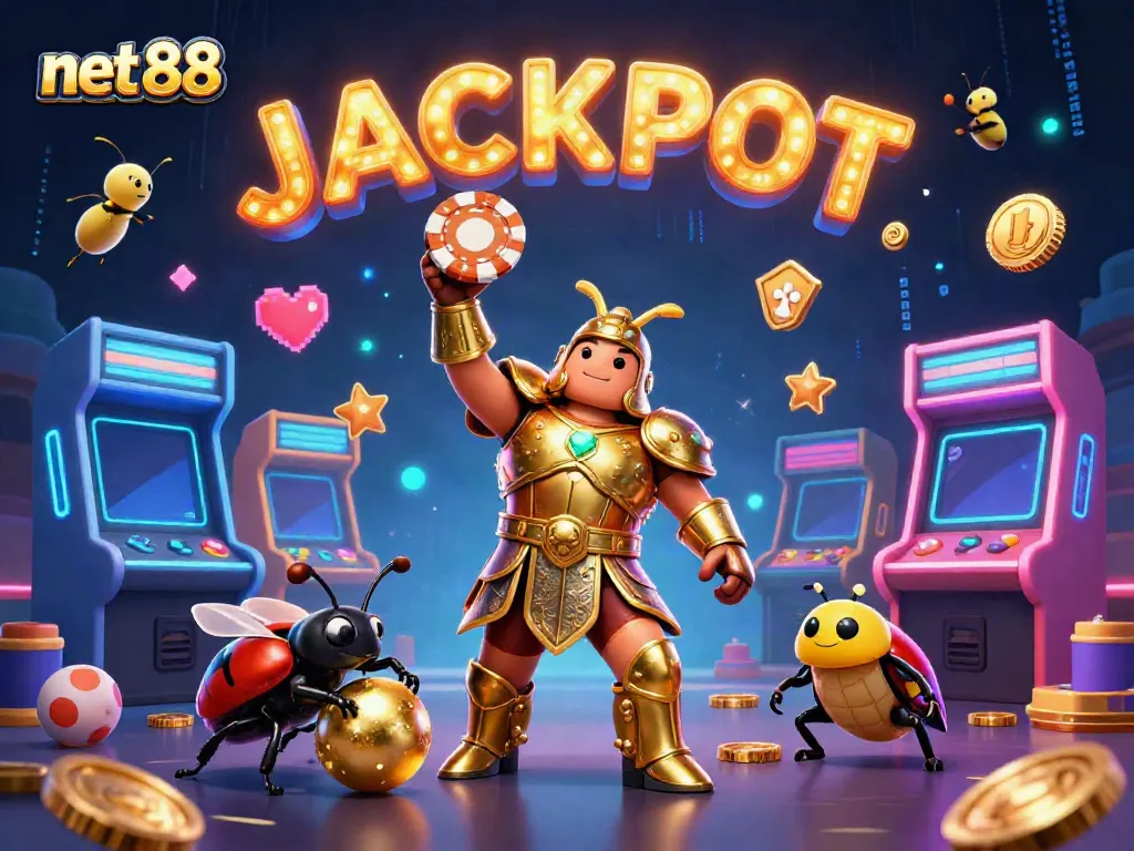 Experience net88's thrilling gaming world with a victorious beetle and glowing arcade action.