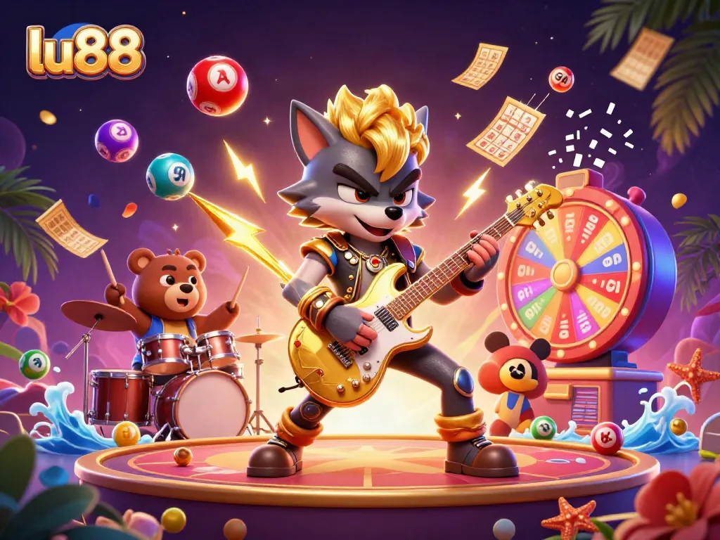 Experience excitement at lu88 with vibrant casino action featuring colorful tickets, lottery balls, and lively characters.