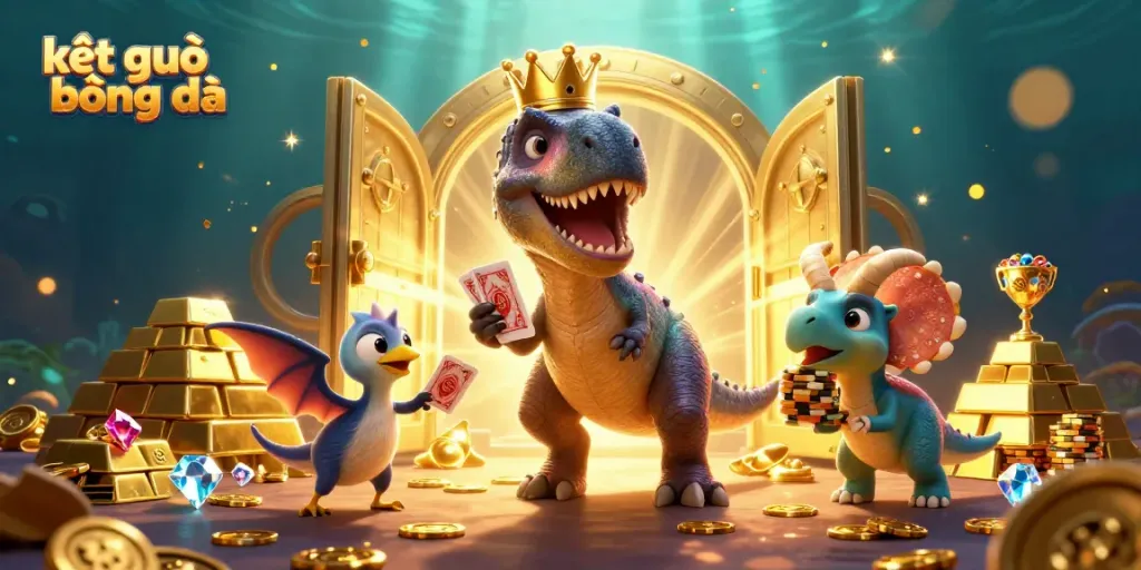 Engage with kết quả bóng đá in a dynamic casino scene featuring a T-Rex, pterodactyl, and triceratops amidst gold and jewels.